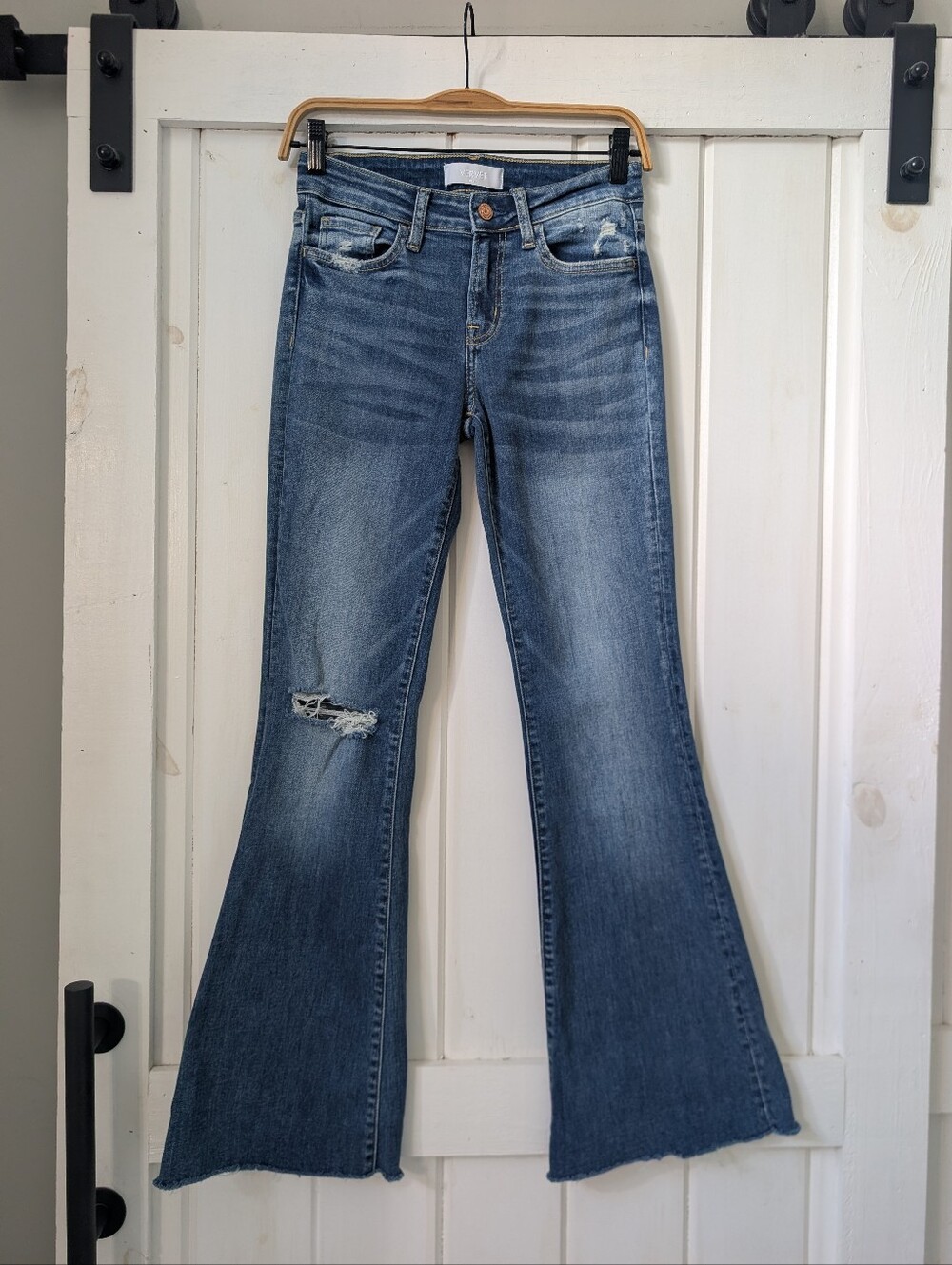 Vervet Blue Mid Rise Distressed Raw Hem Flare Jeans Size 25